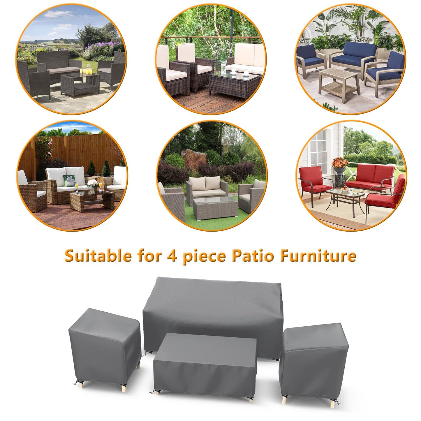 STARTWO Outdoor Waterproof Patio Furniture Covers 4-Piece Set for Chairs 32in, Loveseat 56in, Coffee Table 45in, Heavy Duty, Grey