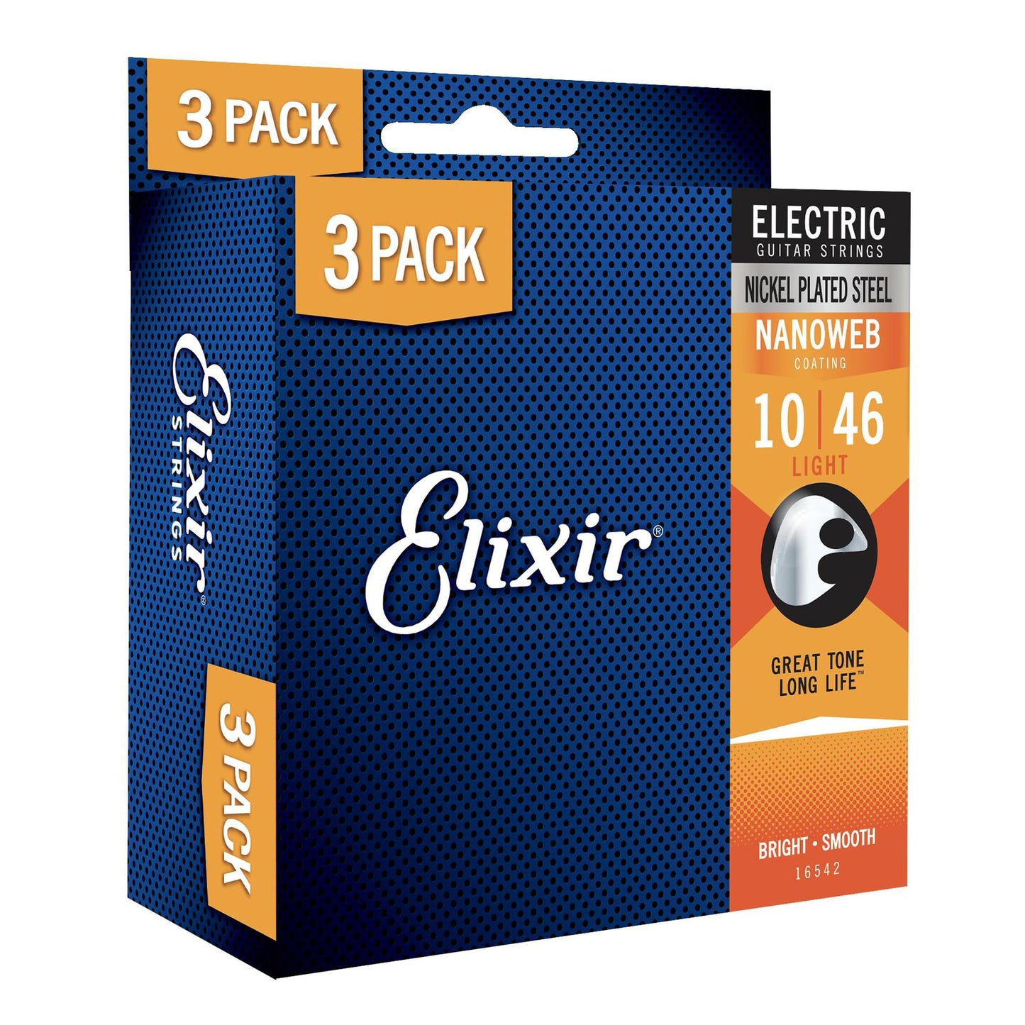 Elixir Strings, Electric Guitar Strings, Nickel Plated Steel with NANOWEB Coating, Longest-Lasting Bright Tone with Comfortable Feel, 6 String Set, 3 Pack, Light 10-46