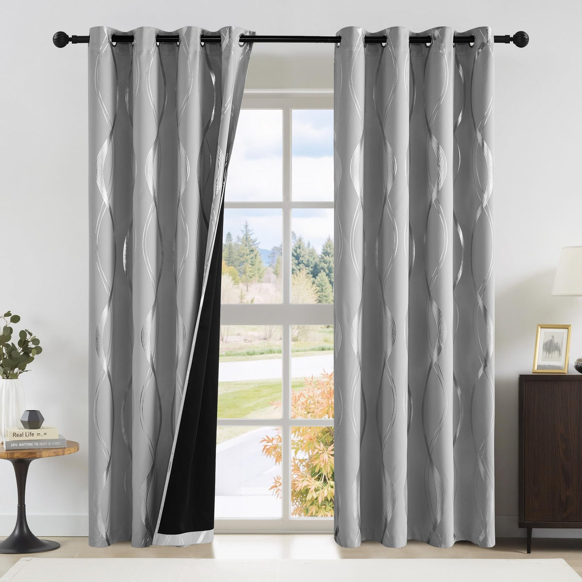 NICETOWN 100% Blackout Silver Grey Curtains Panels for Bedroom, Noise Reducing Thermal Insulated Wave Line Foil Print Design Window Blinds for Patio Sliding Glass Door (2 Panels,52" x 84")