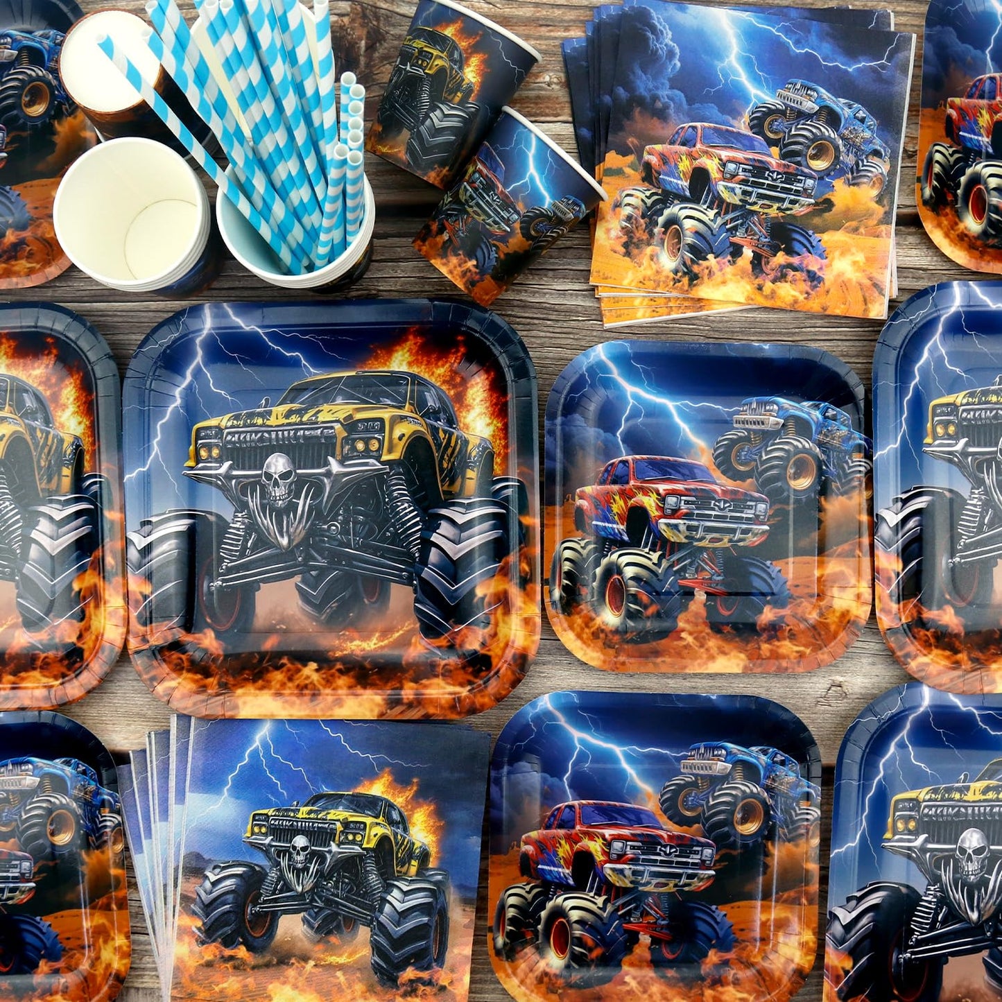 Obussgar Monster Truck Birthday Party Decorations - Monster Truck Party Supplies including Backdrop, Plate, Cake Topper, Cup, Napkin, Balloon, Tablecloth - Serves 20 (BJ)