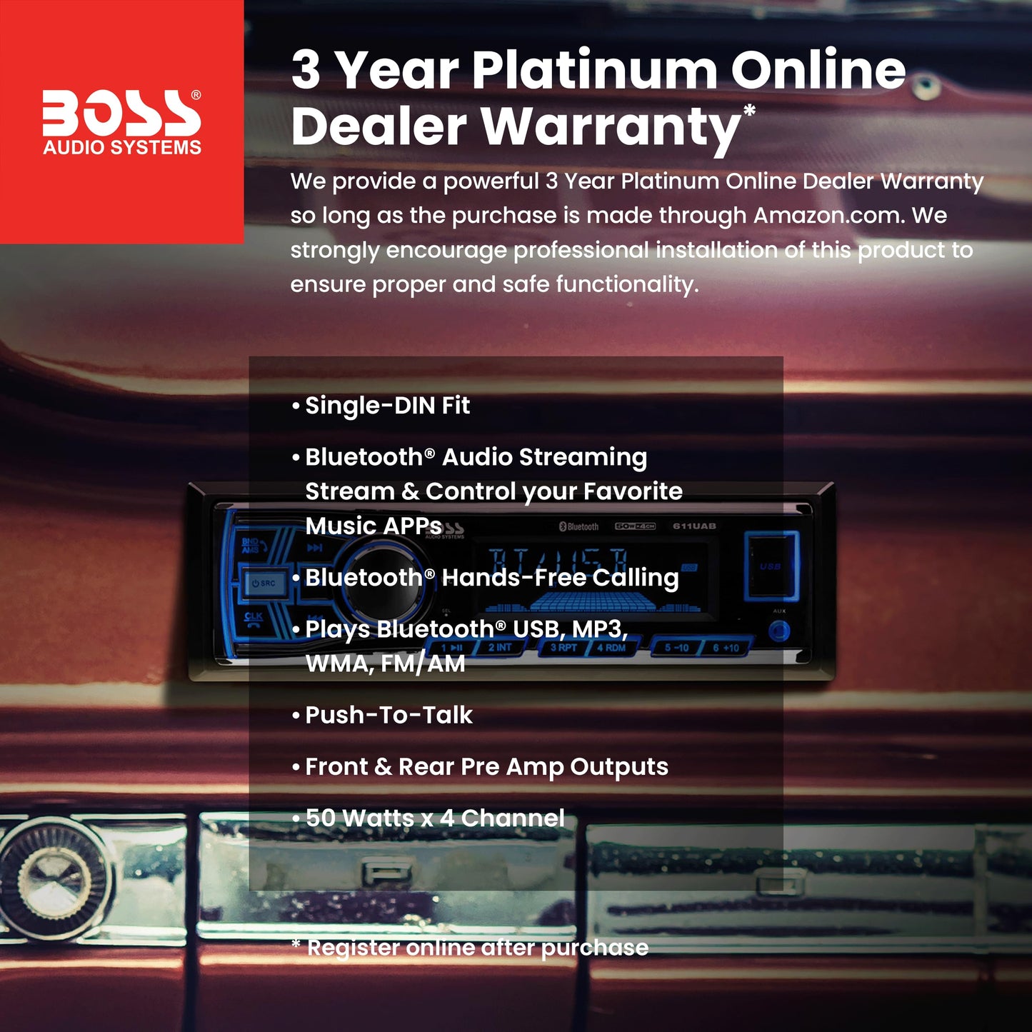 BOSS Audio Systems 611UAB Car Stereo - Single Din, Bluetooth, No CD DVD Player, AM/FM Radio Receiver, Aux Input, USB