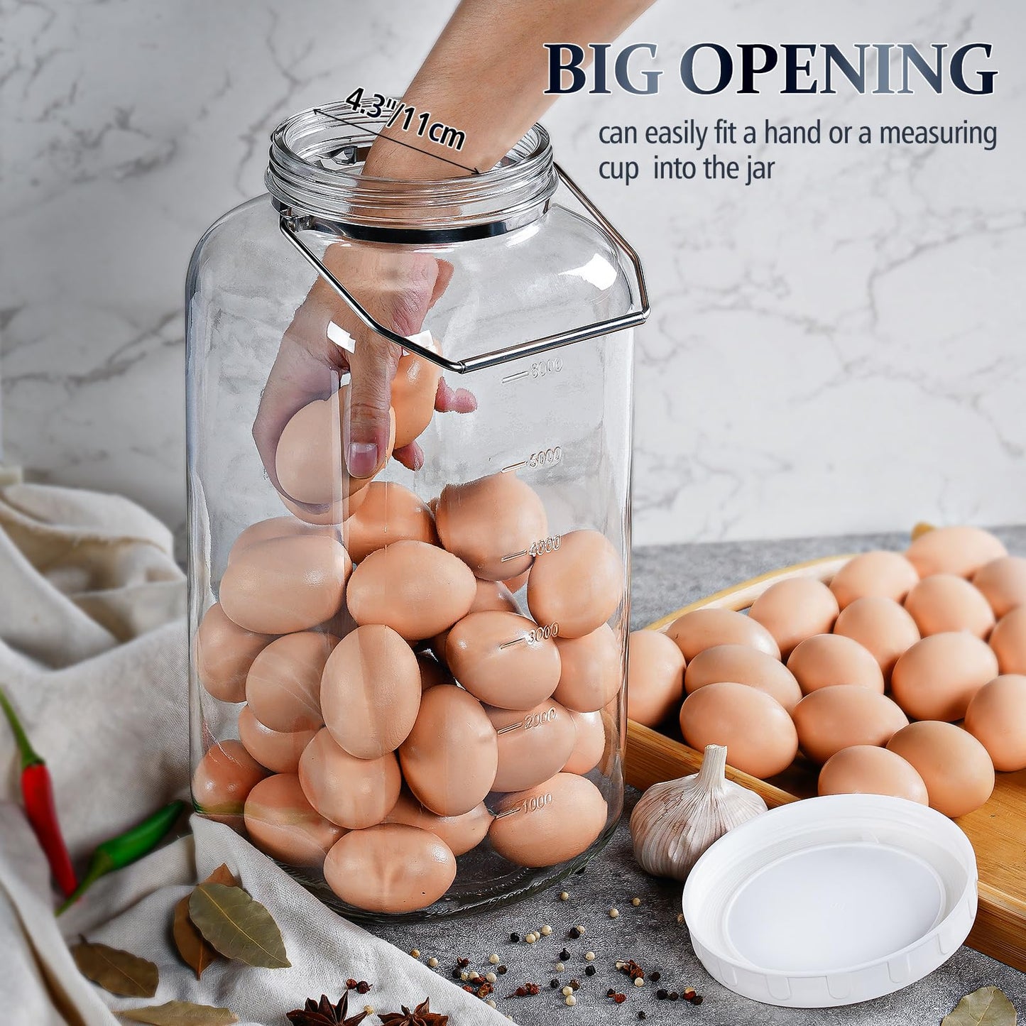 2 Gallon Large Glass Jar with Lid, Wide Mouth Storage Jars with Stainless Handle, Extra Big Glass Container with 2 Scale Mark for Storing Food, Kitchen Organization, 7400 ML/250 OZ