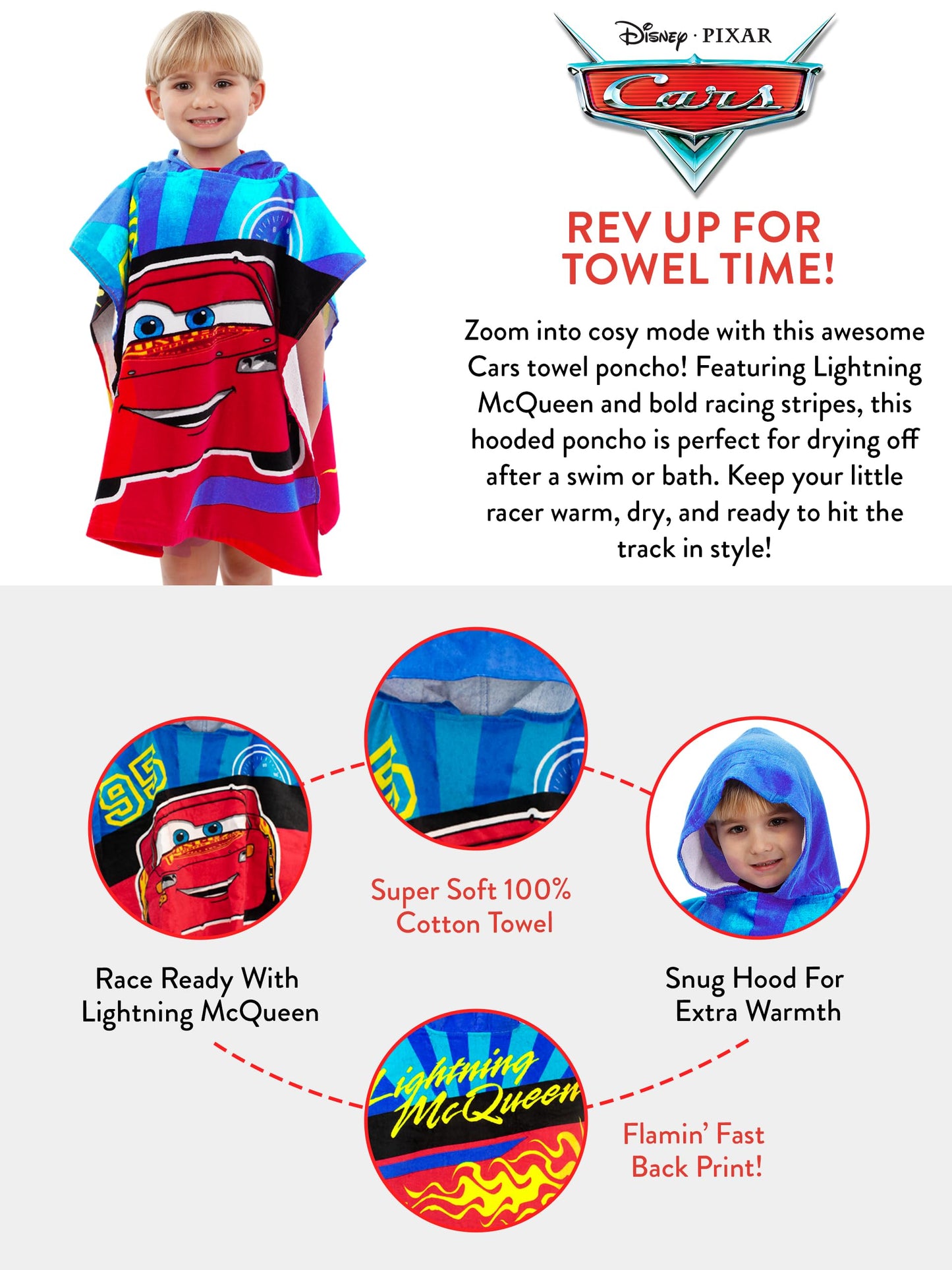 Disney Boys Towel Poncho Cars Red One Size