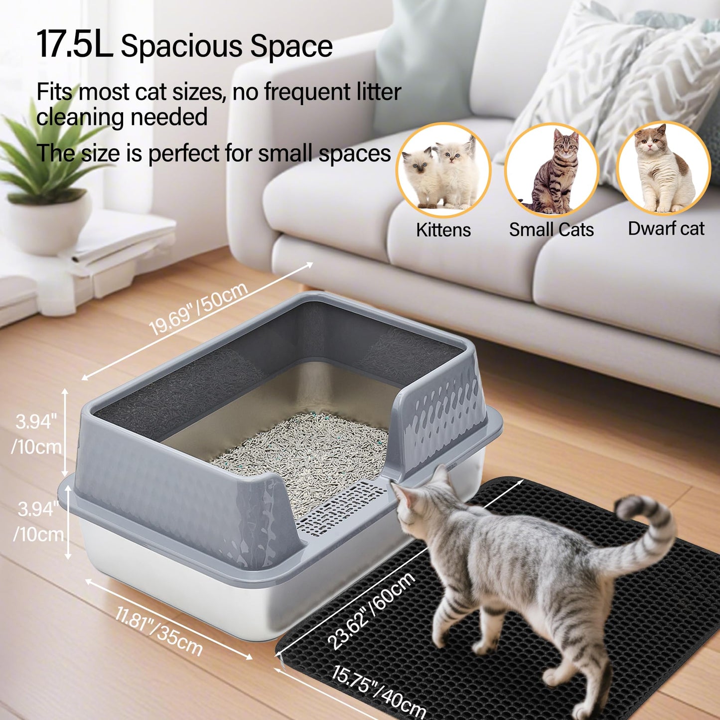 Kittenhood Low Entry Enclosed Stainless Steel Cat Litter Box with Lid Scoop and Pads, 50cm* 35cm* 20cm Grey Standard Easy Clean Metal Kitty Kitten Litter Box