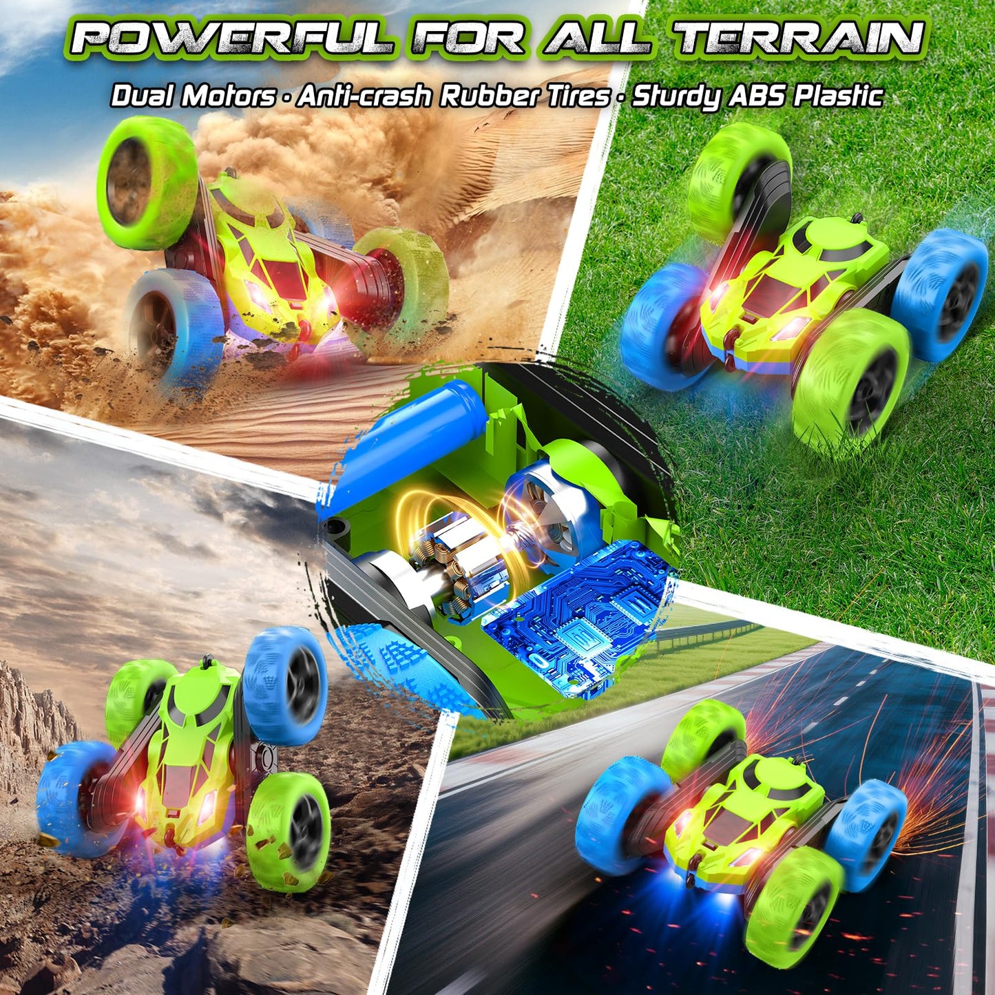 Remote Control Cars for Kids, Stunt RC Cars with 4WD Double-Sided Driving 360° Flips Rotating, Remote Car Toys for Boys Valentines Day Gifts Birthday Gifts - Blue&Green