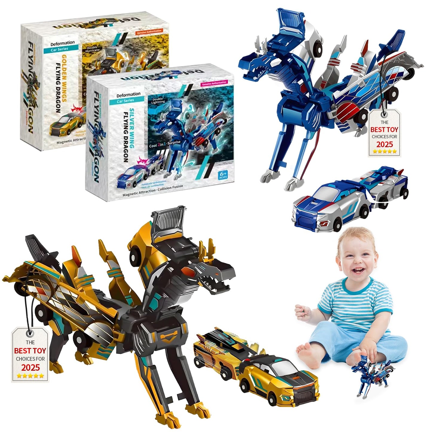 Transformer Dinosaur Toys Cars Magnetic Car Transformer Toy 2-in-1 Remote Control Collision Transforming Dinosaur Car Toy Gift for Boys Age 4-7 and 3-5 Year Olds(2PCS-1)