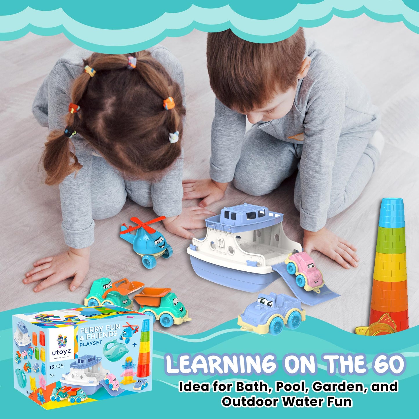 Ferry Boat Bath Toys Set for Kids 15 Pcs | Includes Ferry, Cars, Trucks, Helicopter, Stacking Cups & Toy Animals for Baby Boys & Girls | Water Bathtub Indoor Games for Toddlers | Kids Ages 1+