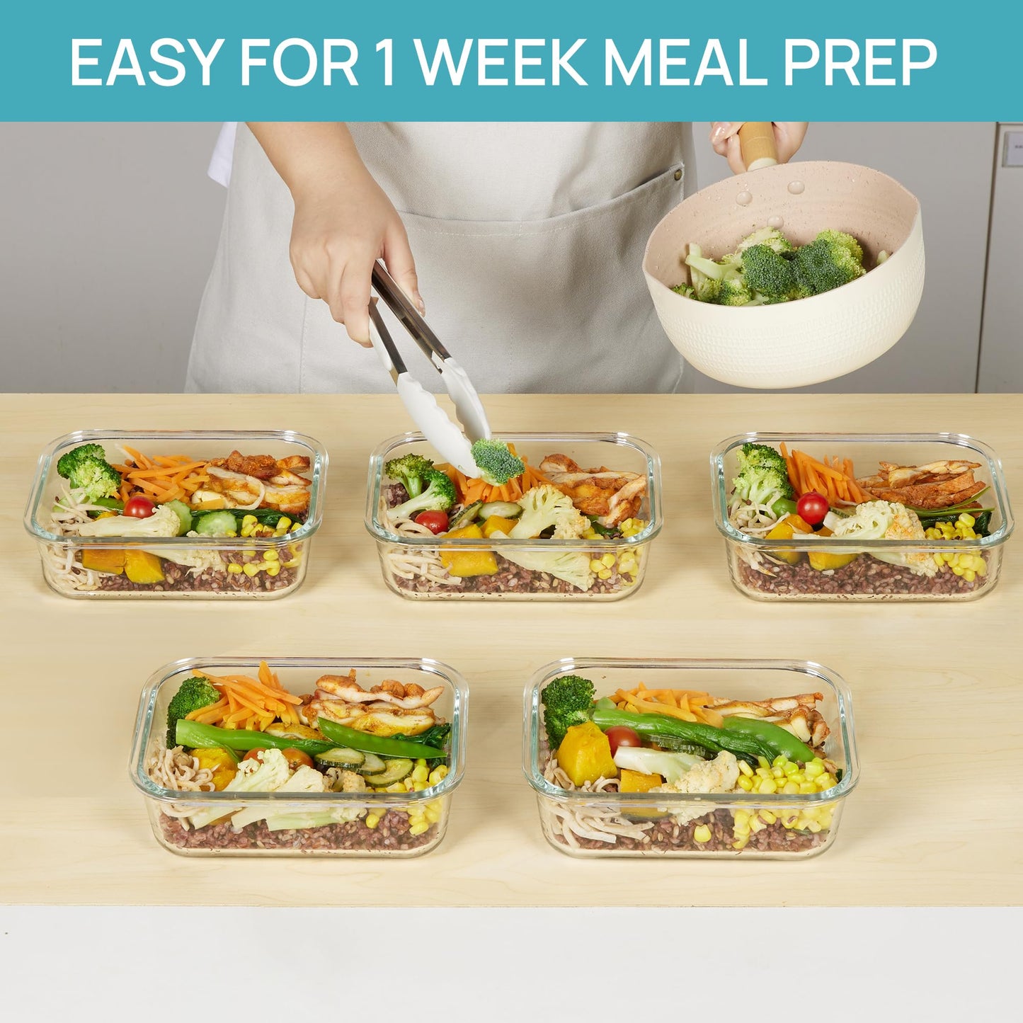 Vtopmart 5 Pack 36oz Glass Food Storage Containers with Lids, Meal Prep Containers, Airtight Lunch Containers Bento Boxes with Snap Locking Lids for Microwave, Oven, Freezer and Dishwasher
