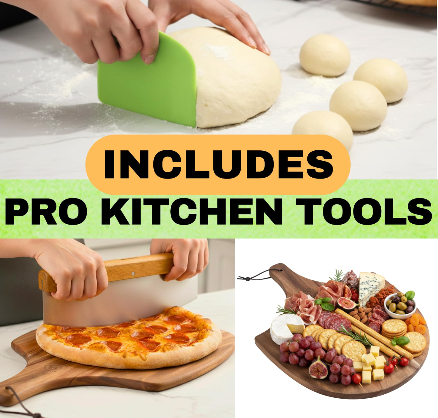 Pizza Stone - Pizza Stones for Oven and BBQ Grill - 5 PCS Pizza Making Accessories, 15 inch Pizza Stone with Handles, Wood Peel, Pizza Cutter, Dough Tool - Baking Stone - Pierre a Pizza 38cm x 30.5cm