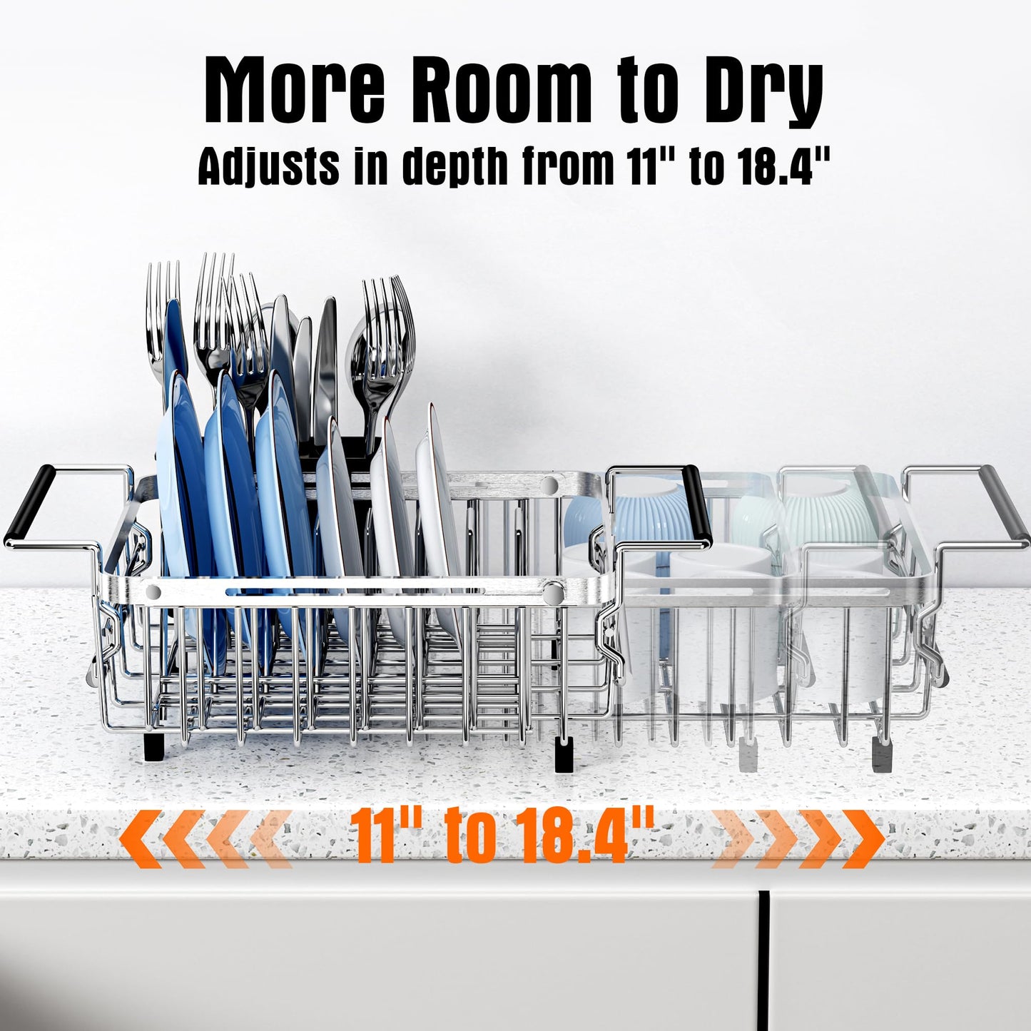Dolreiik Expandable Dish Drying Rack in Sink,Stainless Steel Over The Sink Dish Drainer Drying Rack for Kitchen Counter,with Utensil Holder,Silver