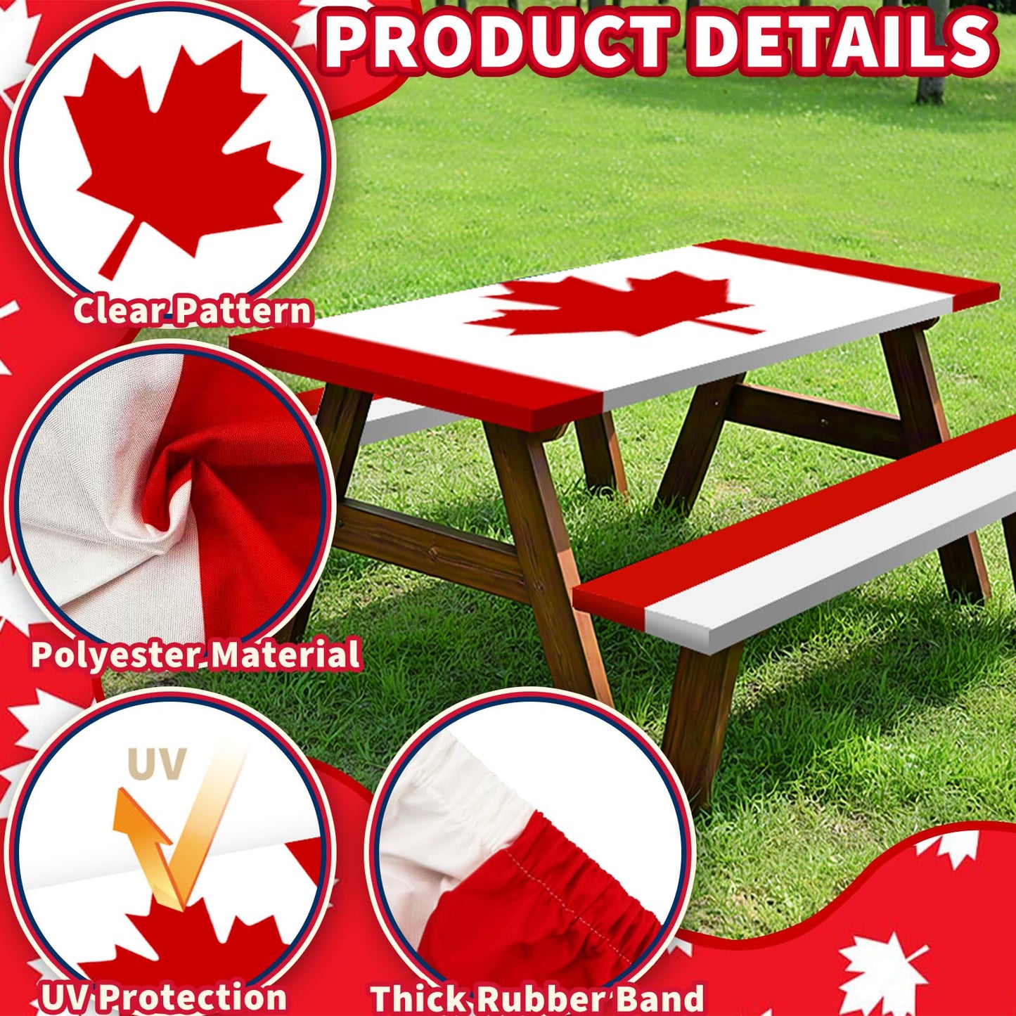 6FT Canada Flag Picnic Table Cover with Bench Covers Set Canadian Flags Waterproof Windproof Camping Rectangle Tablecloths with Elastic Fitted Picnic Table Cover for Canada Day Outdoor Decor