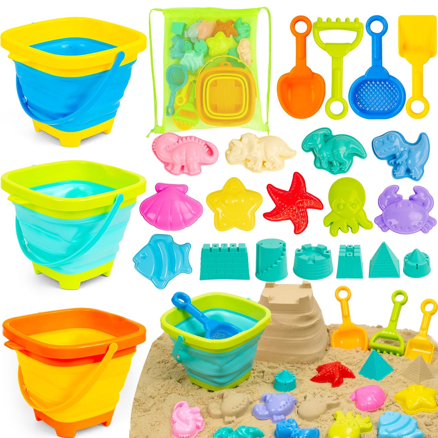Collapsible Beach Bucket Kids Sandbox Toy 3 PCS Silicone Pail Set with Sand Molds, Shovel, Rake, Mesh Storage Bag for Toddlers Boys Girls Beach Essentials for Family Outdoor Travel Toy Age 3-10