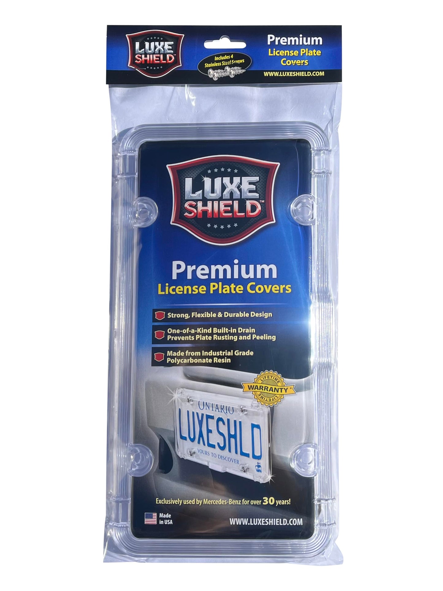 Luxe Shield, Premium Clear License Plate Protector incl Stainless Screws | Durable and Weatherproof Clear License Plate Cover | One-of-a-Kind Design | Proudly Canadian Owned