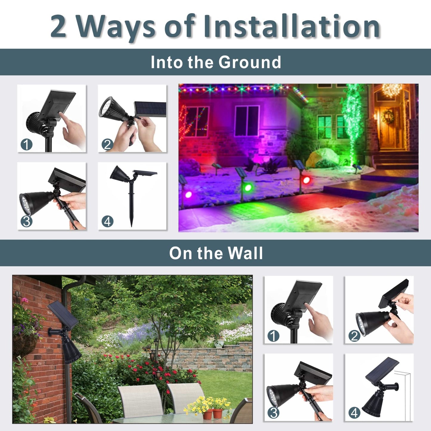 Solar Spotlights Outdoor Christmas, Spot Light Solar Powered, LED RGB Color Changing Landscape Flag Pole Light, Dusk-to-Dawn Waterproof Ground Lumiere Solaire Exterieur Spot for Tree (Multicolor,2pcs)