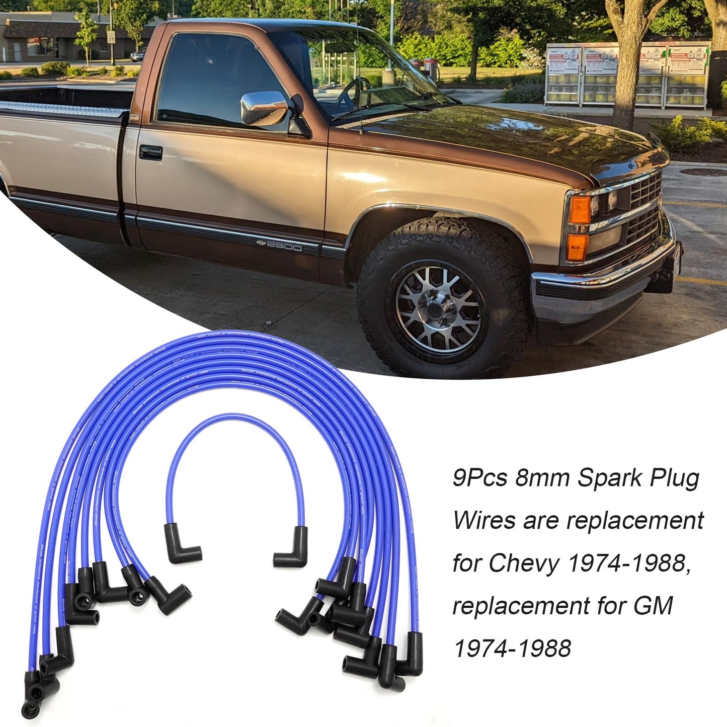 ZUDKSUY High Energy 8mm Spark Plug Wires Set Replacement for Chevy/GM 1974-1988 305 350 400 SBC Engine 90° Boot Spark Plug Wire (9-Pack)