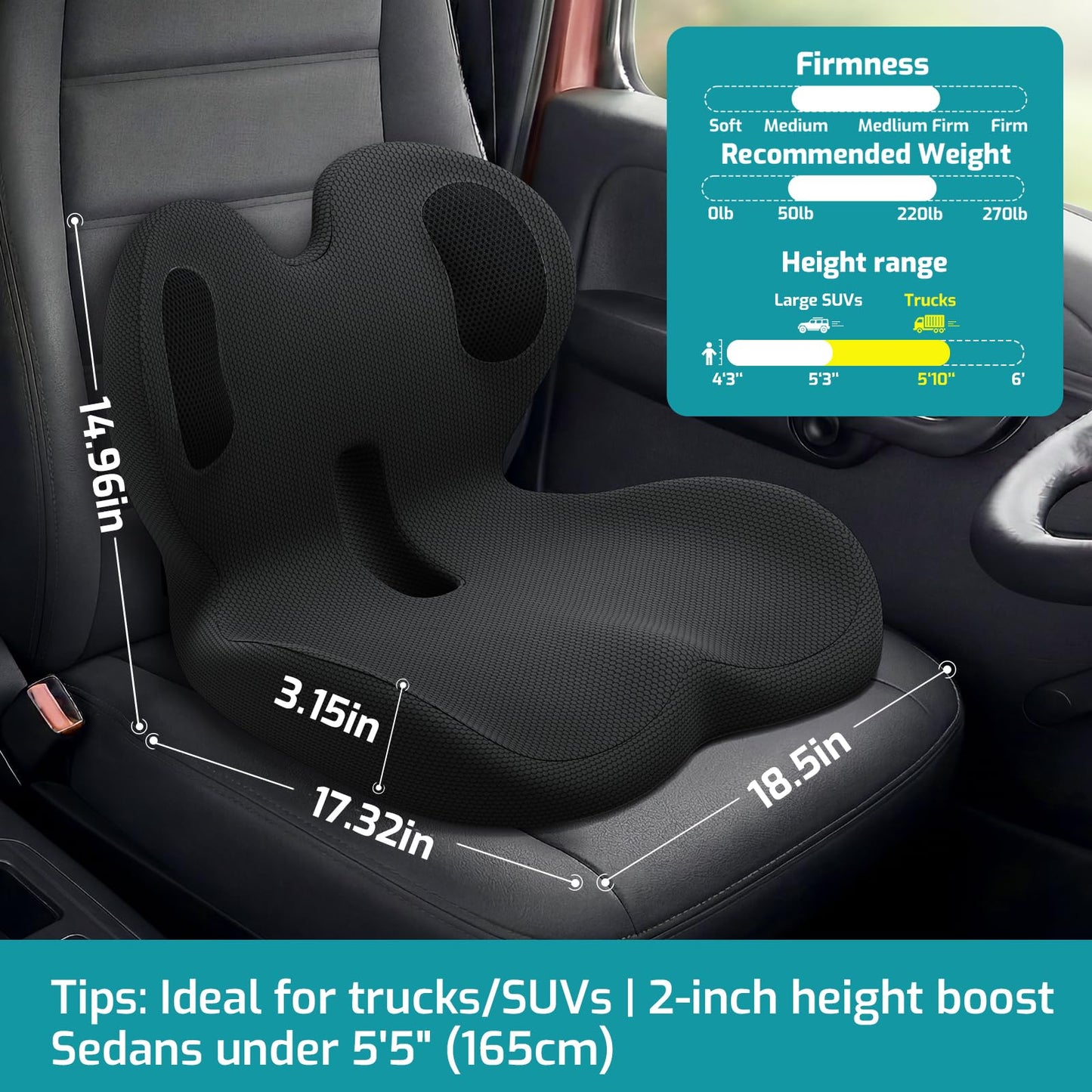 Memory Foam Seat Cushion with Lower Lumbar Support - 3-Inch Car Booster for Shorter Drivers & Ergonomic Orthopedic Cushion Back & Sciatica Pain Relief for Truck RV Office Chair (Black Grey)