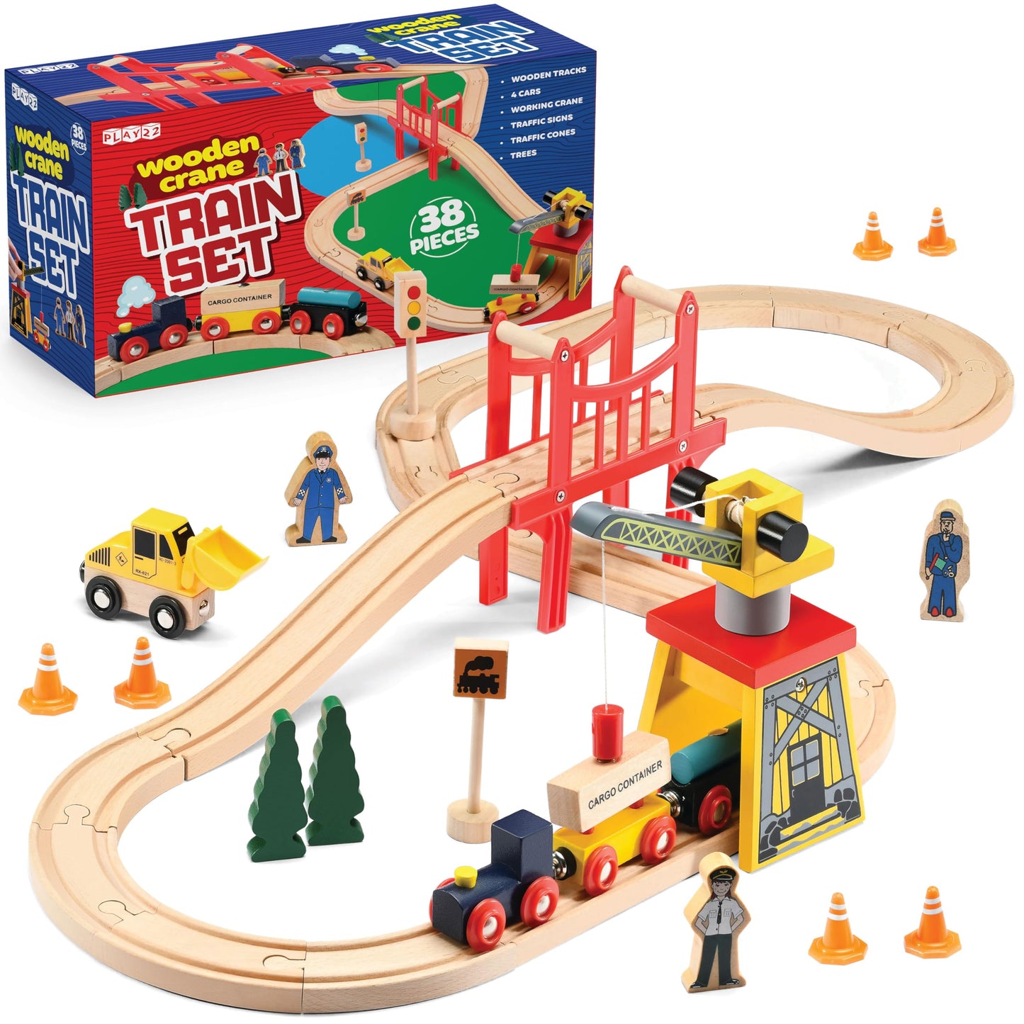 Wooden Train Set Toddler Toys - 38 Pcs Wood Train Track Set for Toddlers 3-4 Years with Crane, Bridge & Accessories - Compatible with All Major Brands