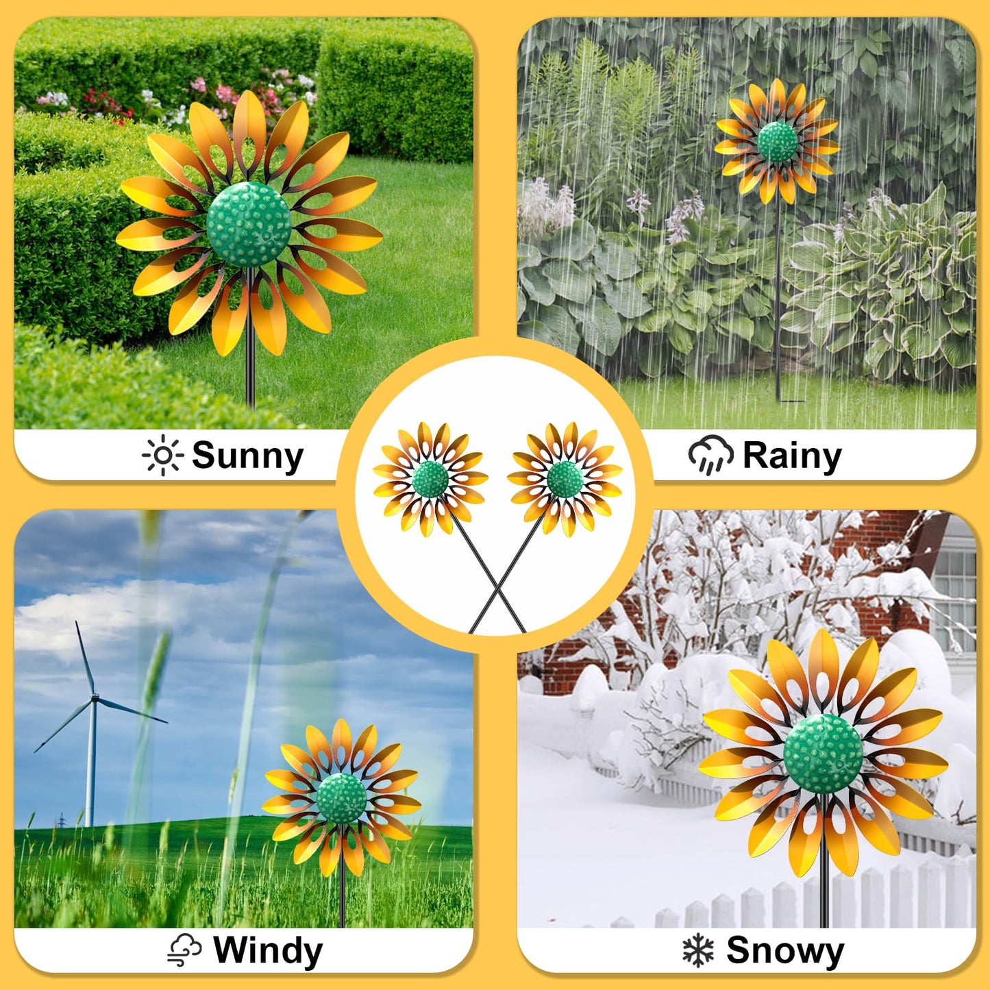 Sunflower Wind Spinners Outdoor, MeyRolizn Metal Pinwheel Wind Sculpture with Stake, Small Windmill for Garden Lawn Yard Patio Outside Art Decor (2pcs Yellow)