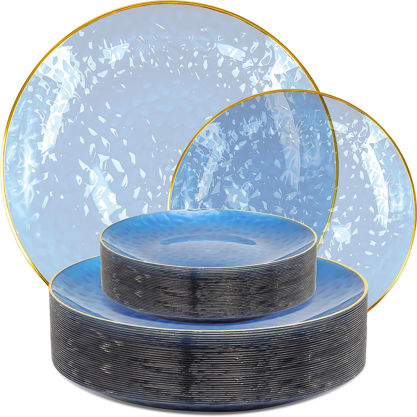 100 Pcs Clear Blue Plastic Plates, Fancy Disposable Plates with Gold Rim Include 10 inch, 7 inch Dinner Dessert Plate for Party Wedding