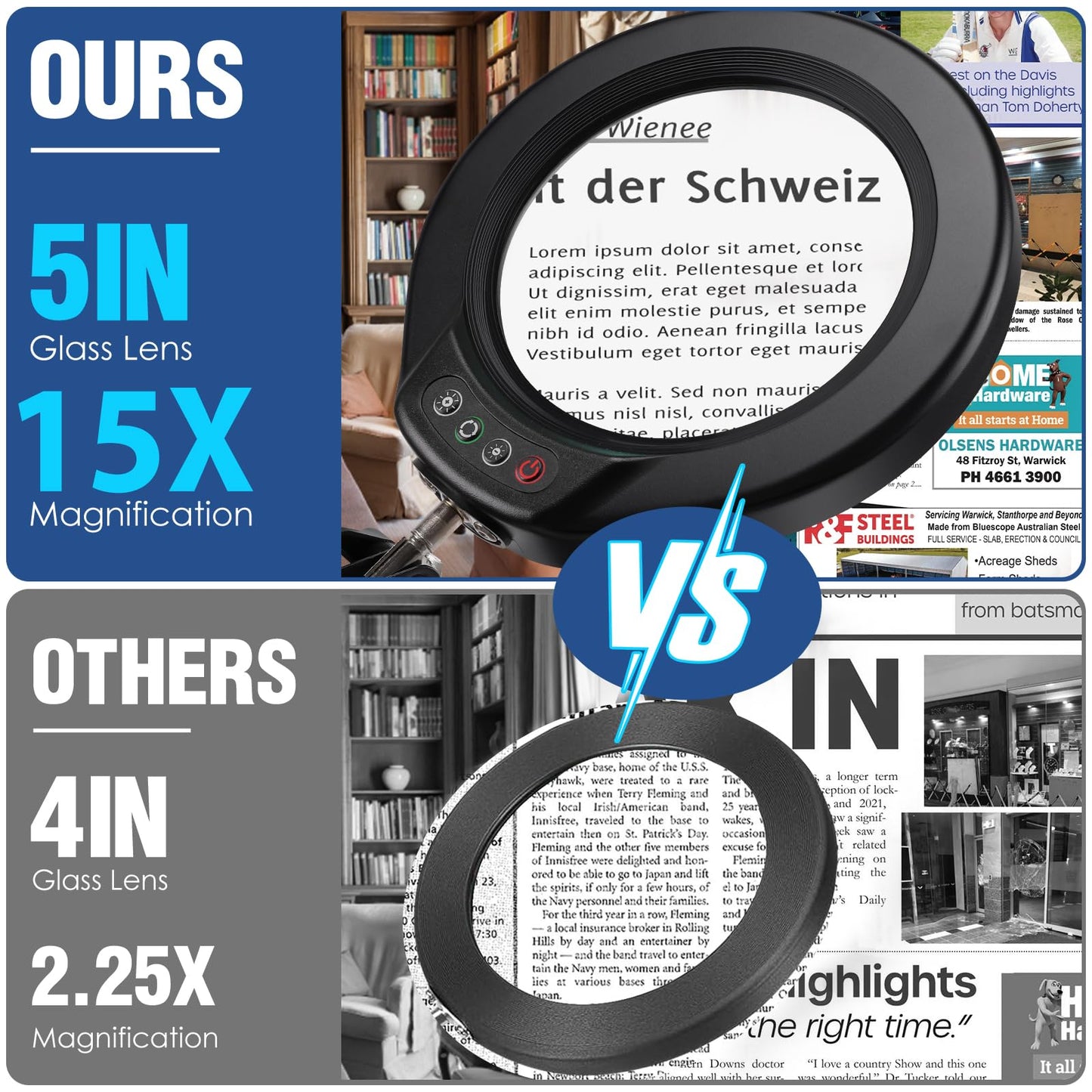 15X 5 Inch Large Magnifying Glass with Light and Stand, 2-in-1 LED Lighted Magnifier, 5 Color Modes Stepless Dimmable, Hands Free Magnifying Desk Lamp with Clamp for Craft Hobby Repair Close Works