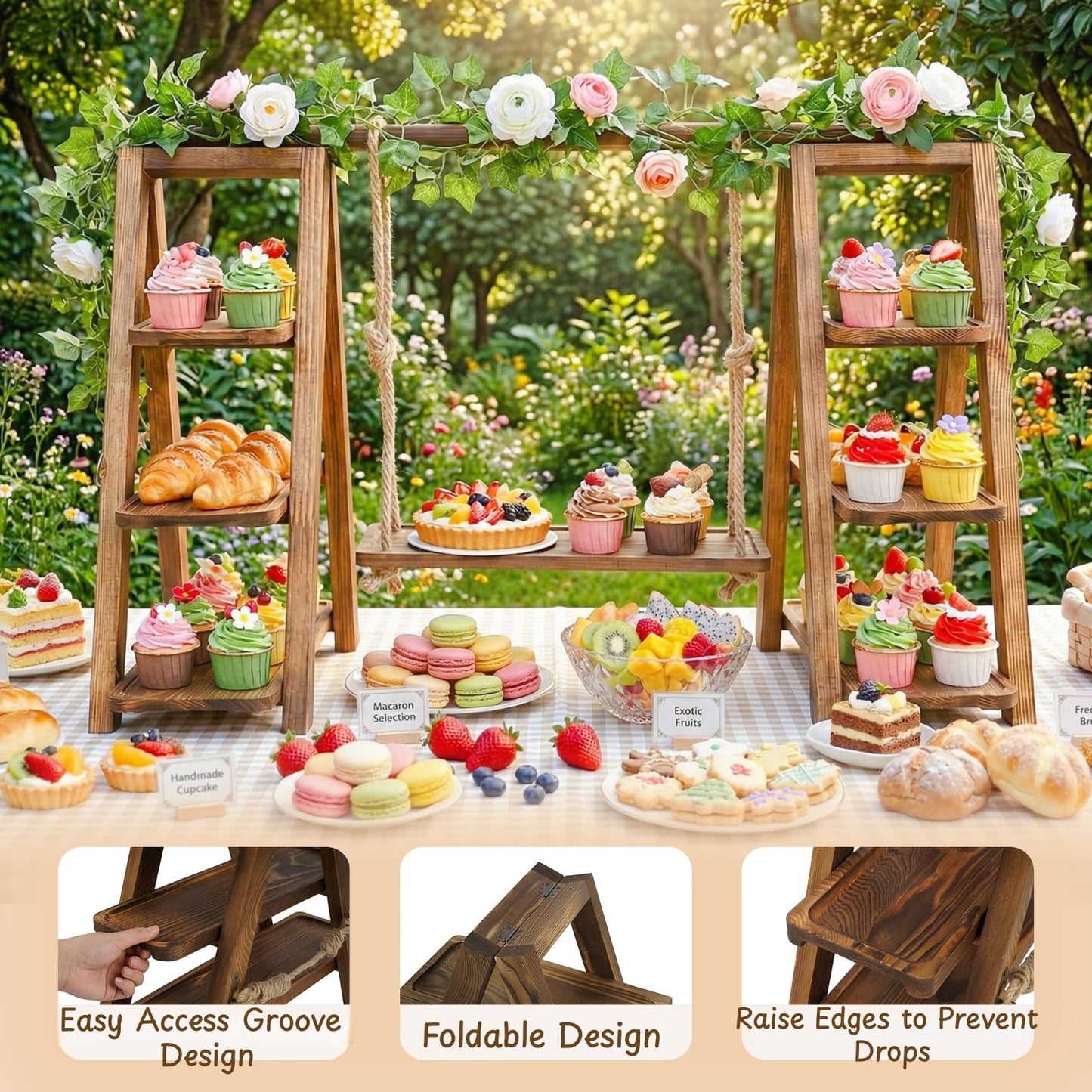 bimiti Wooden Double Dessert Table Display Set Rack 3 Tier Serving Tray Solid Wood Ladder Stand Wedding Cupcake Stand Dark Walnut Decorative Tray for Cake Snack Fruit Chips Bread Centerpieces