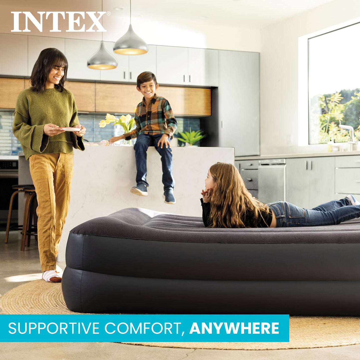 INTEX 64121ED Dura-Beam Plus Pillow Rest Air Mattress: Fiber-Tech – Twin Size – Built-in Electric Pump – 16.5in Bed Height – 300lb Weight Capacity
