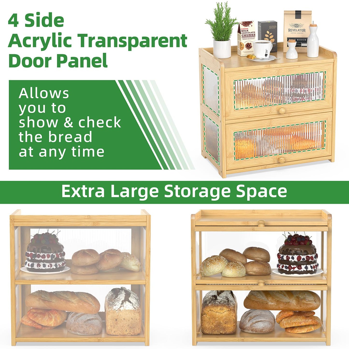 BAMBANG Extra Large Bamboo Bread Box for Kitchen Counter, Double Layer Bread Storage Container Farmhouse Bread Box with 4 Sides Transparency, Breadbox Bread Bin Holder for Homemade Bread, Natural