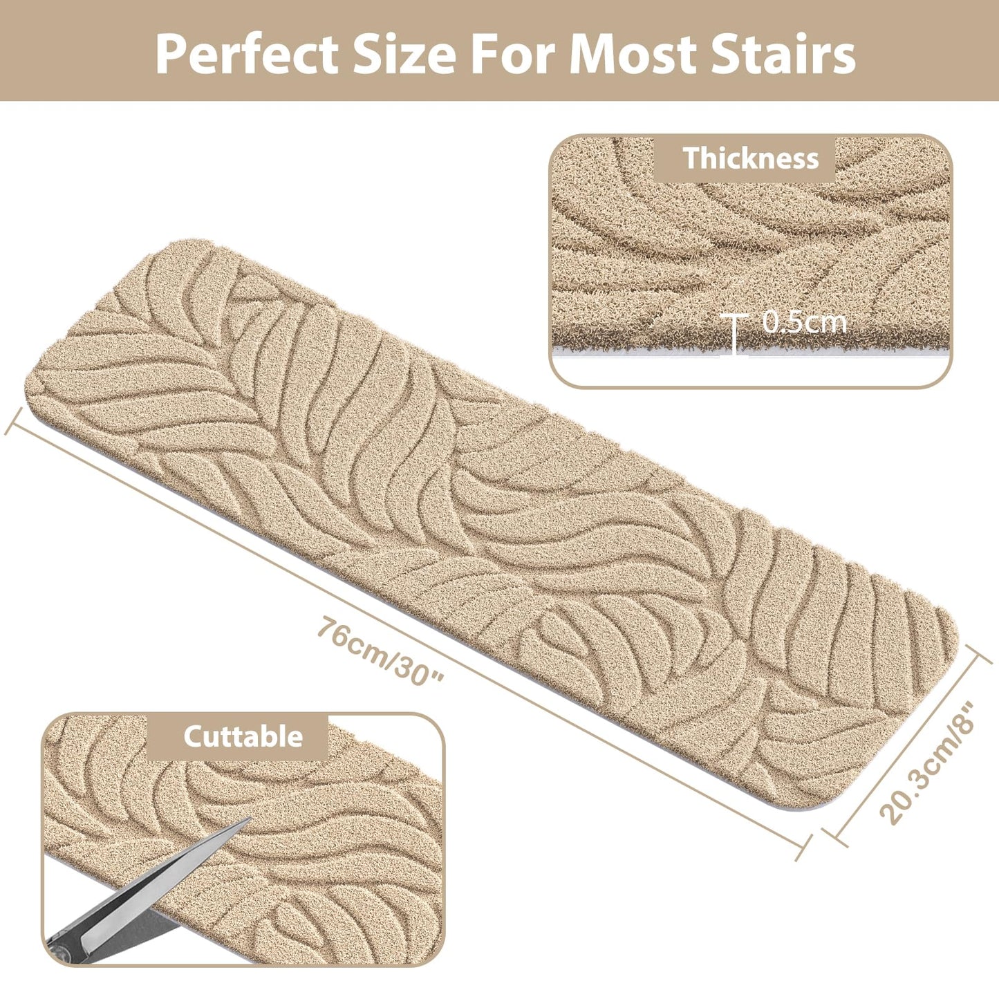 Fixmend Stair Treads Non Slip for Wooden Steps, 8" X 30" (15-Pack) Stair Runner Carpet Treads Indoor with Reusable Adhesive, Stairslide Carpets Rugs Safety Mats for Elders, Kids & Dogs, Beige Leaf