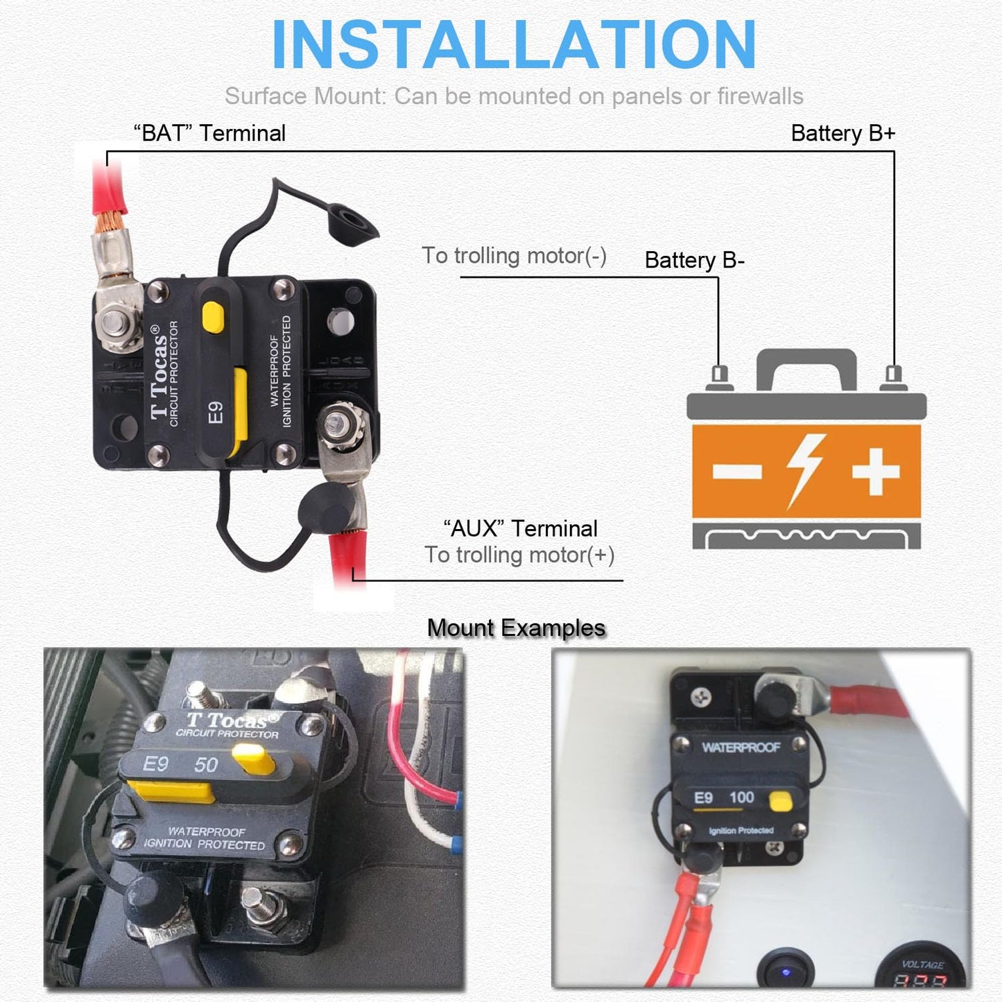 T Tocas T3 Surface-Mount 80 Amp Circuit Breaker with Manual Reset Switch Button, 12V - 48V DC, Waterproof 80A