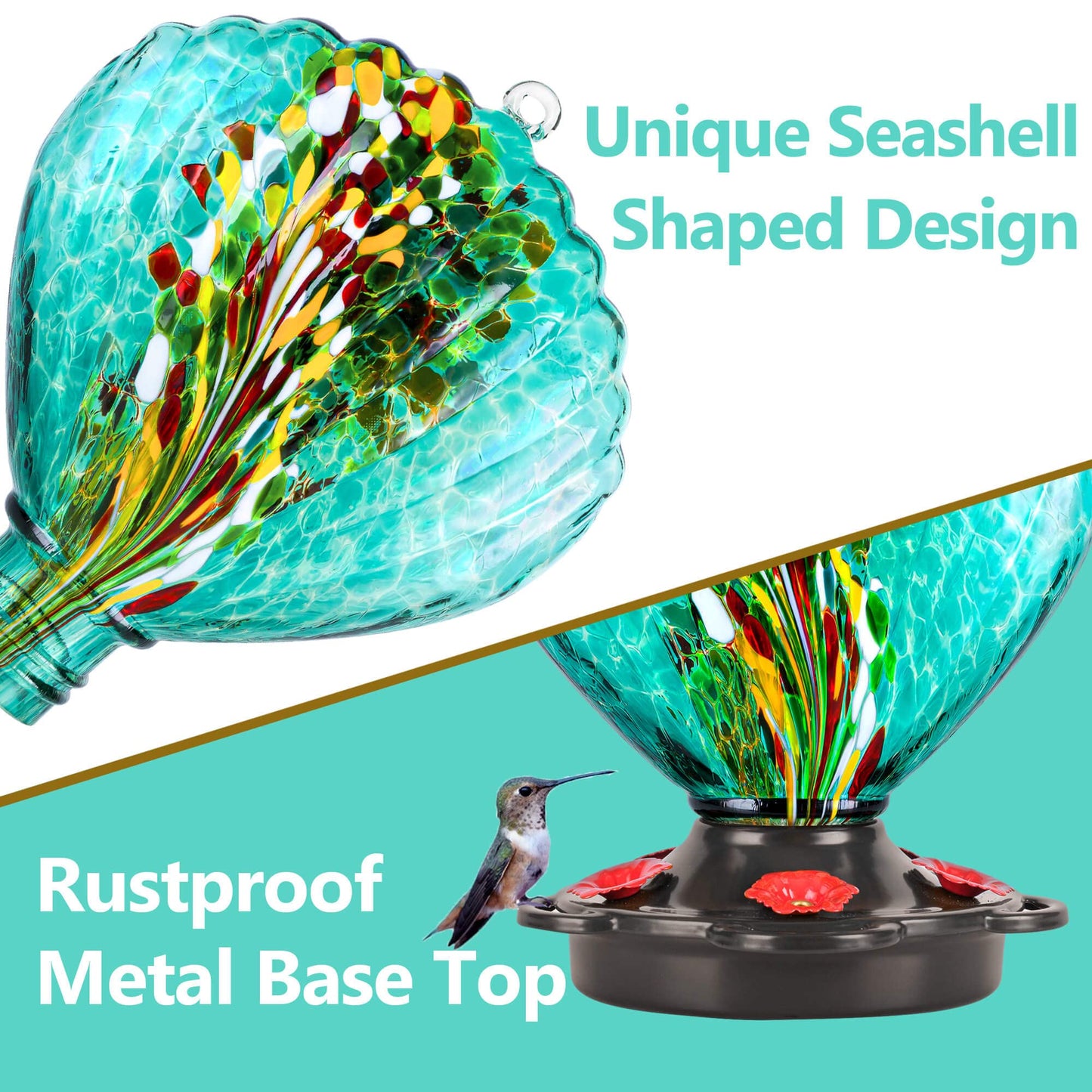 LUJII Seashell Shaped Hummingbird Feeder for Outdoors Hanging, Hand Blown Glass, Metal Base Cover, No Leak, 25 fl.oz, Unique Art Glass for Backyard & Outside Decor, Great Gift for Bird Lover, Teal