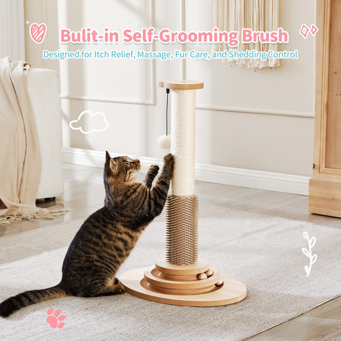 Made4Pets Wooden Cat Scratching Post with Interactive Toys & Brush Scratching Post for Indoor Cats/Kitten Toys 23" Tall Cat Scratcher with Dangling Plush Balls Modern for Medium/Small Cats