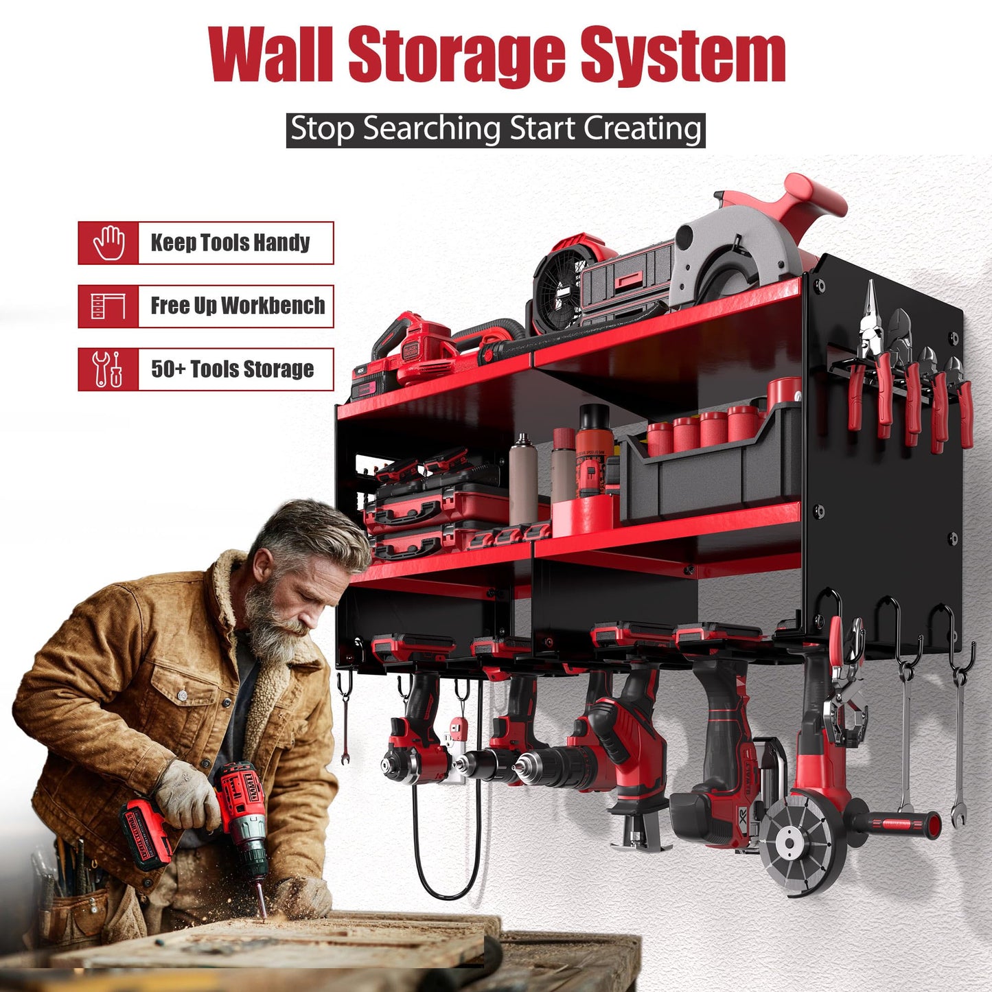Spampur Power Tool Organizer Wall Mount with Charging Station – 420 lb Capacity 3-Tier Holds 6 Drills, Side Slots for Screwdrivers & Bits, for Garage Workshop, Gift for Men