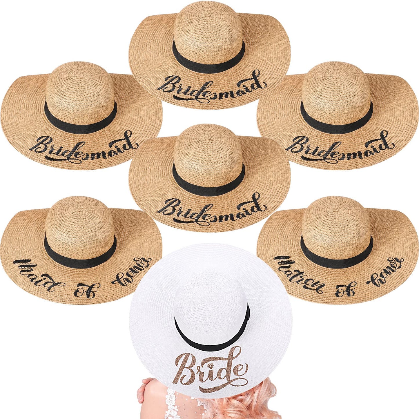 Geyoga 7 Pcs Bride and Bridesmaid Sun Hat Bulk Foldable Floppy Women Hat for Bachelorette Party Gift Honeymoon(Cute Style)