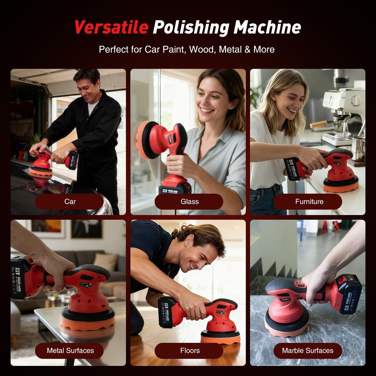 Cordless Car Polisher, 4000mAh 21V Batteries, 6- Inch Car Polishing Machine, 8mm Orbita Car Buffer Waxer Kit, 6 Variable Speeds for Scratch Detailing, Boat Care, Waxing