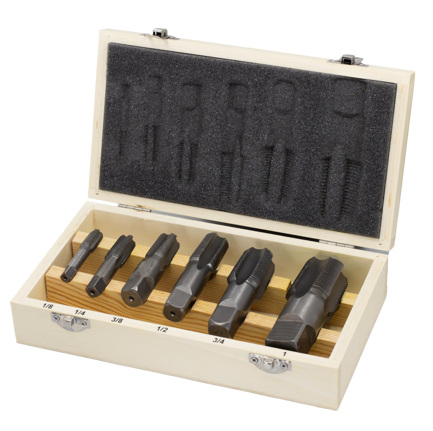 Drill America DWTPT1/8-1SET 6 Piece Carbon Steel NPT Pipe Tap Set, 1/8", 1/4", 3/8", 1/2", 3/4" and 1" in Wooden Case, Uncoated (Bright), Right Hand