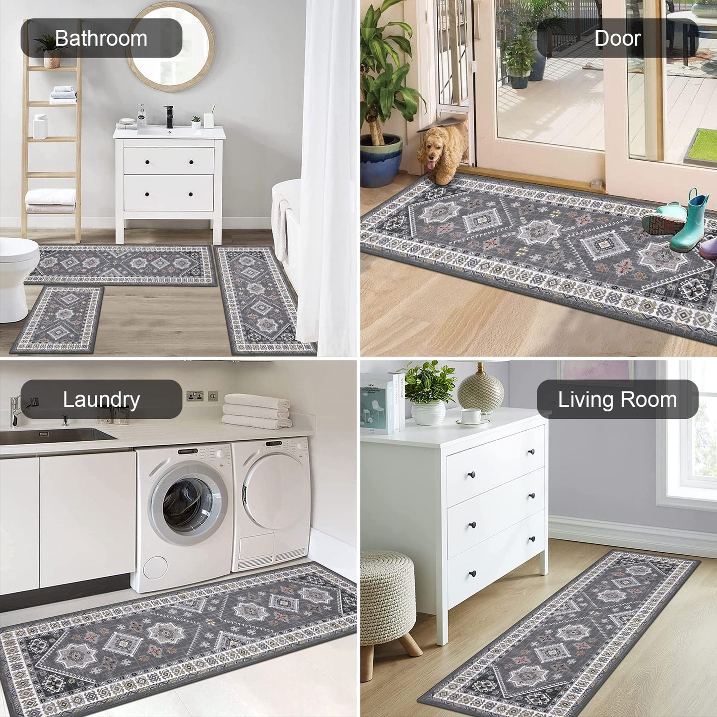 HEBE Farmhouse Kitchen Rugs Sets of 3 Non Slip Washable Boho Kitchen Rugs and Mats for Floor Kitchen Runner Rug Floor Carpet for Kitchen, Laundry, Hallways