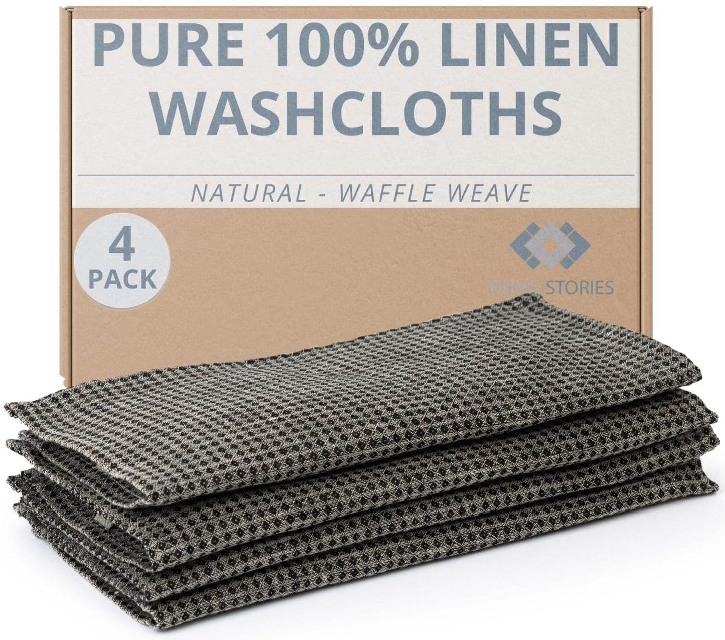100% Linen Exfoliating Face Cloth - 4-Pack Black-Natural Linen Flax 10x10-inch Reusable Washcloths - Waffle Weave Natural Fiber Small Fingertip Towel for Your Hands Face Skin and Body