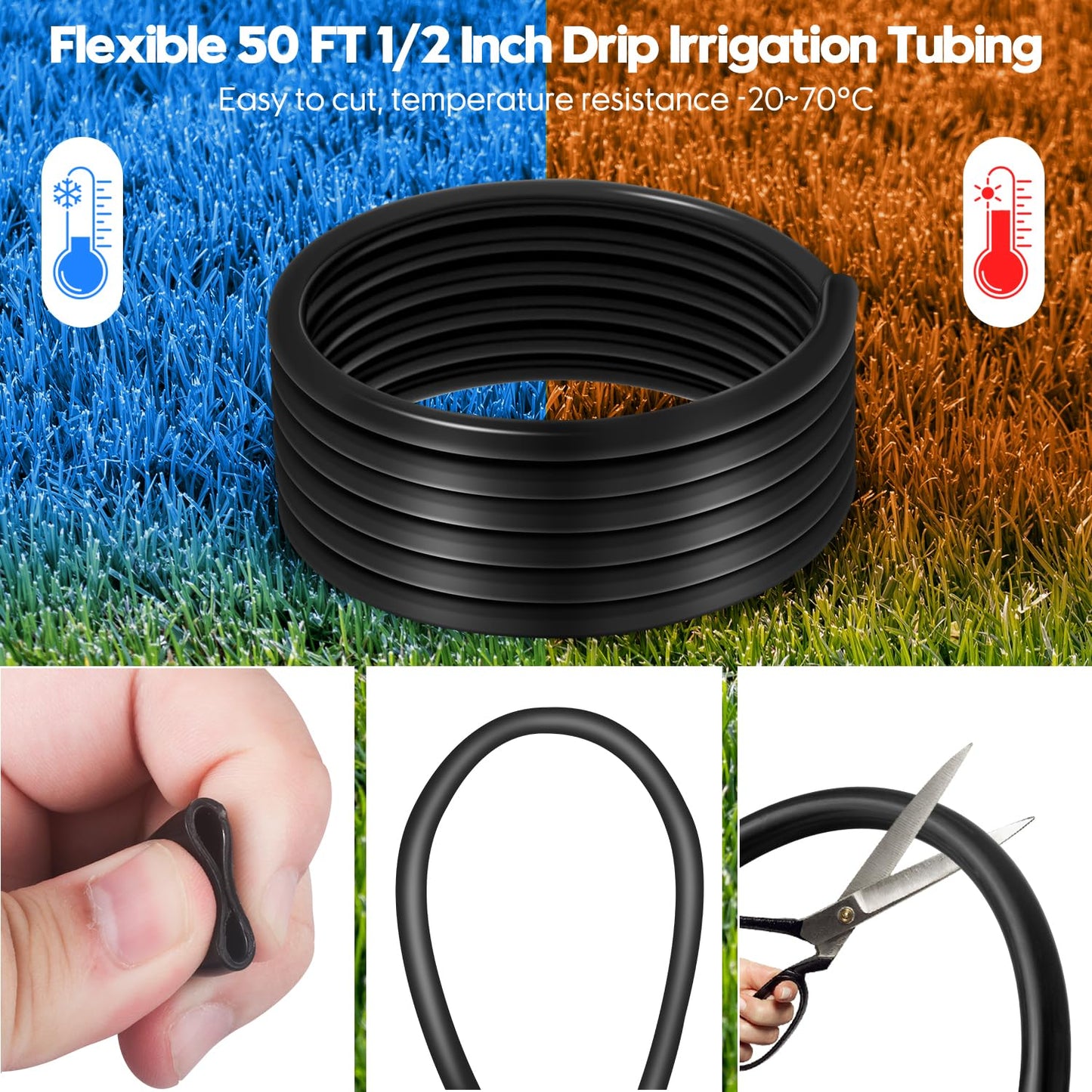 50 FT 1/2 Inch Drip Irrigation Tubing Kit-Drip Line Irrigation Hose 1/2 Inch with 1/2" to 1/4" Barbed Locked 6-Way & 1/2" Tee Connectors-Drip Tube Irrigation Fittings System Parts for Garden Watering