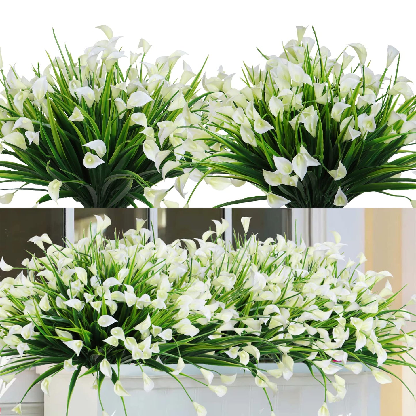 SOMYTING Artificial Flowers Outdoors UV Resistant Faux Flowers Plastic Calla Lily Flowers Plants for Outside Hanging Planters Window Porch Home Garden Decoration (White, 16PCS)