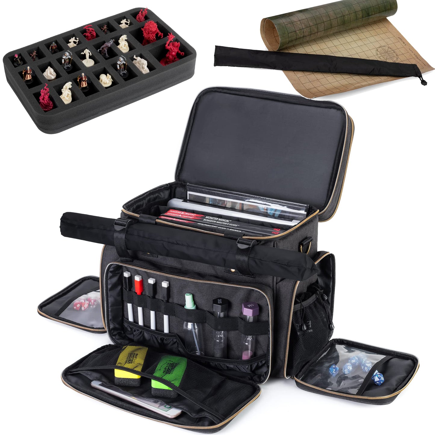 Trunab Tabletop RPG Adventurer's Travel Bag Compatible with Dungeons and Dragons Large DND Bag with Miniatures’ Foam Layer, Battle Mat Storage Bag, Fits Player’s Handbook, Guide Map, Dice & More