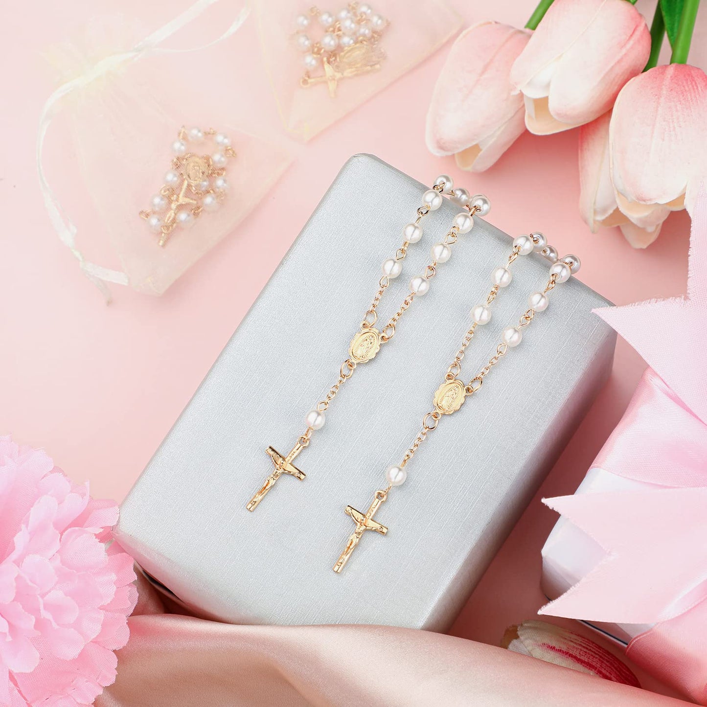 Fumete 60 Pieces Mini Rosary Favors Baptism Favors Acrylic Rosary Beads Finger Baptism Rosaries with Organza Bags for Christening Weddings Party