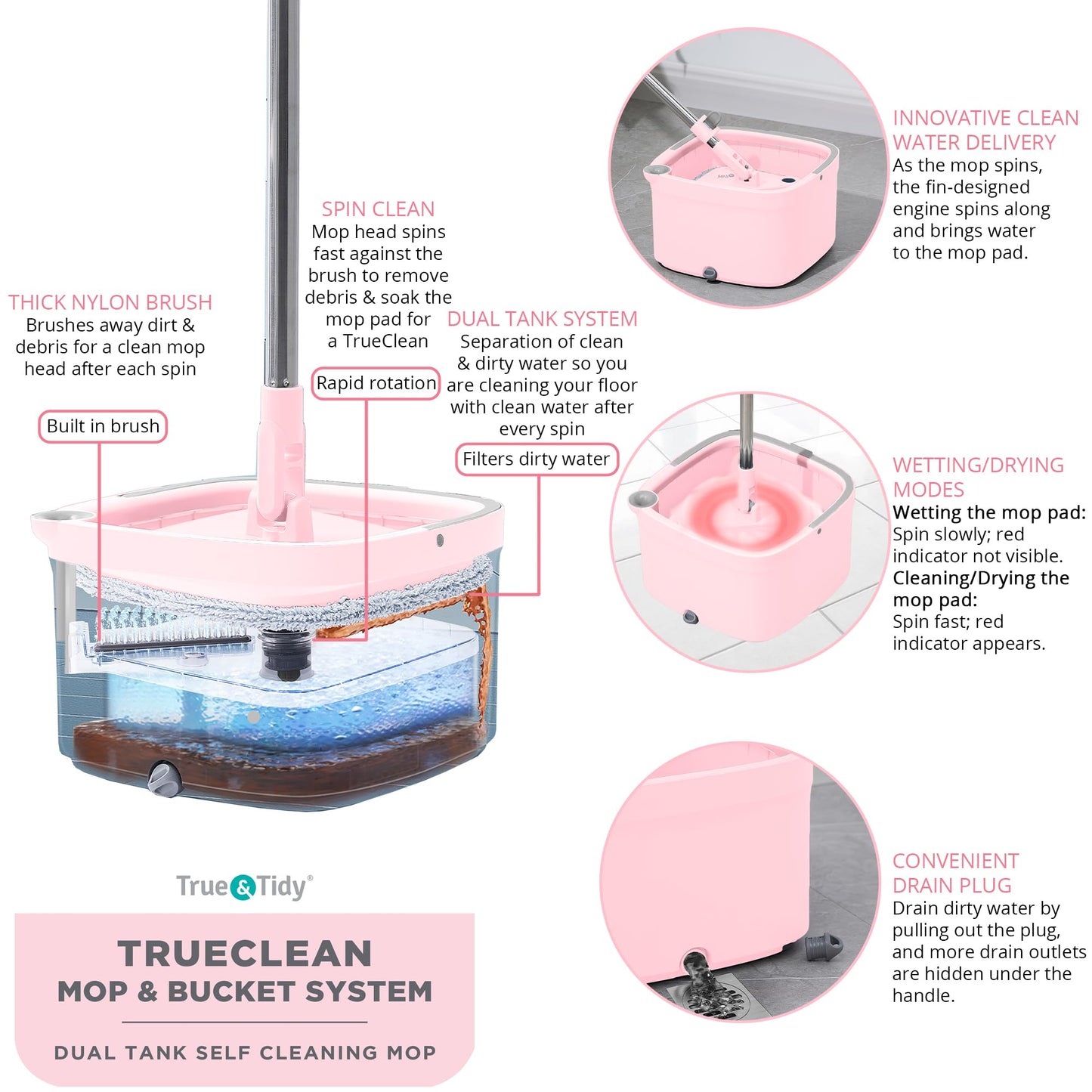 True & Tidy® True Clean Mop and Bucket System, Includes Square Spin, Dual Compartment Mop Bucket and 2 Thick Machine Washable Pads New Upgraded with Side Brush & Self Standing Handle, Rose