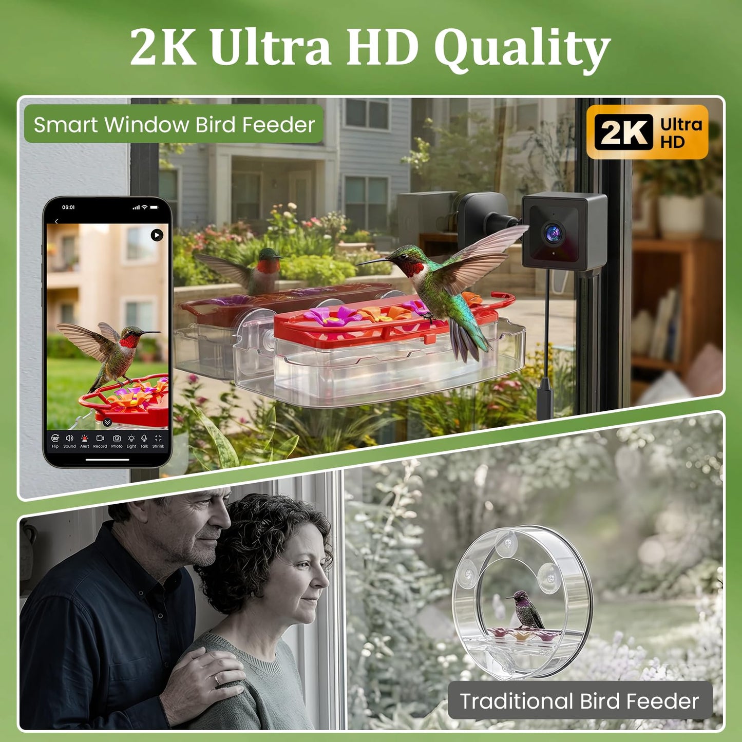 Freeseason 2K Smart Window Hummingbird Feeder Camera with AI Identify, Auto-Capture Fast Moments, IP65 Waterproof & Ant Moat, Strong Suction for Apartment/Cat TV, Best Gift for Bird Lovers
