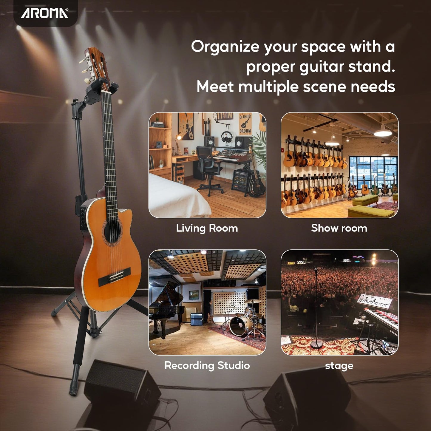 AROMA Bass Stand Universal for Acoustic Electric Classical Guitars Floor Stand Foldable with Auto-Lock Neck Holder Soild Tripod One Button Lift
