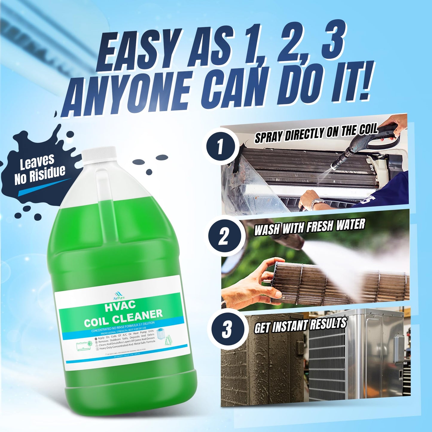 AC Evaporator Coil Cleaner - 1 Gallon (3.78L), No-Rinse Formula, Metal-Safe Corrosion Inhibitors – Cleans Air Conditioners, Condensers, HVAC, Mini Splits, Heat Pumps – Residential & Commercial Use