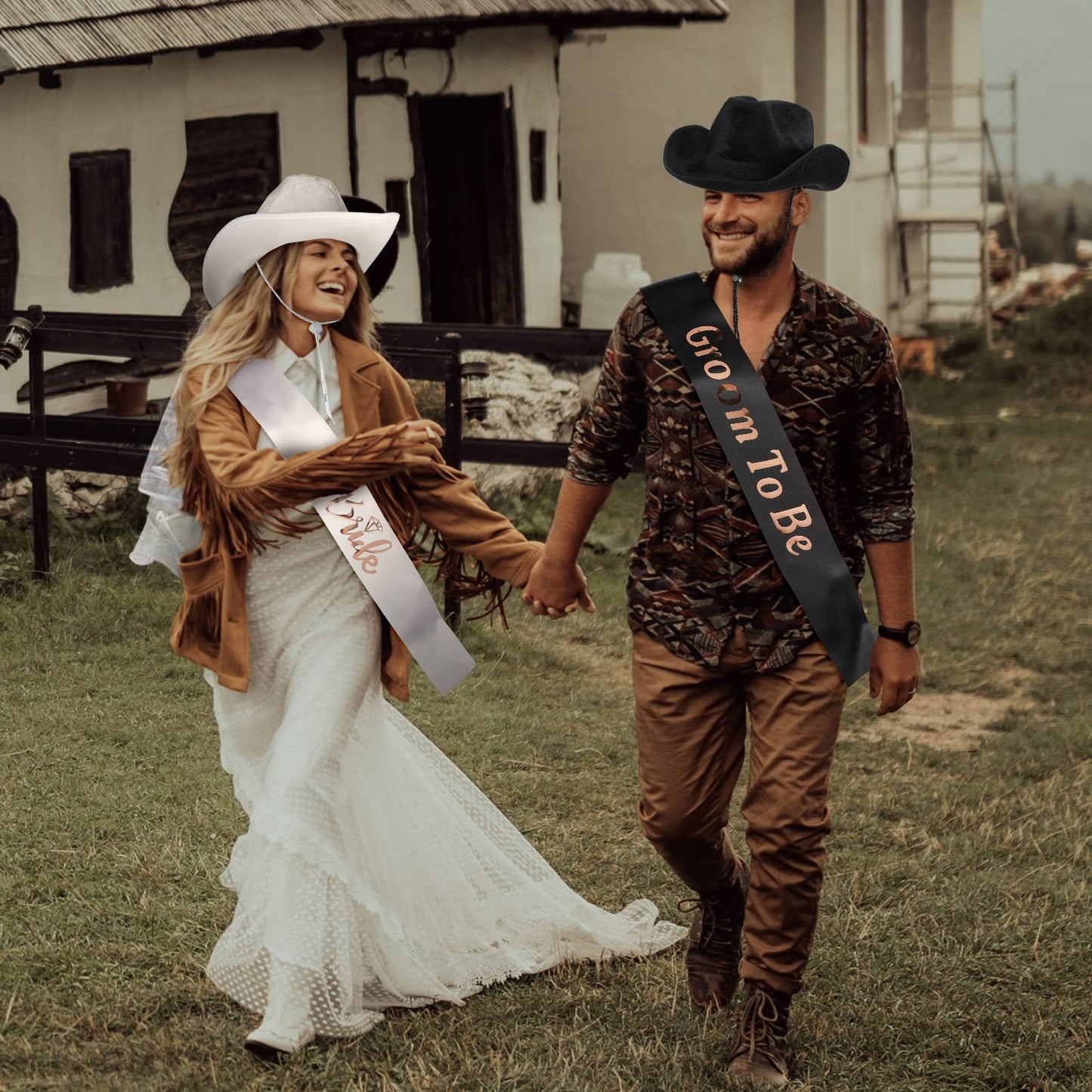SATINIOR 2 Pcs Bride Cowgirl Hat with Veil Groom Cowboy Hats Bachelorette Party Decoration to Be Sash for Bridal Shower