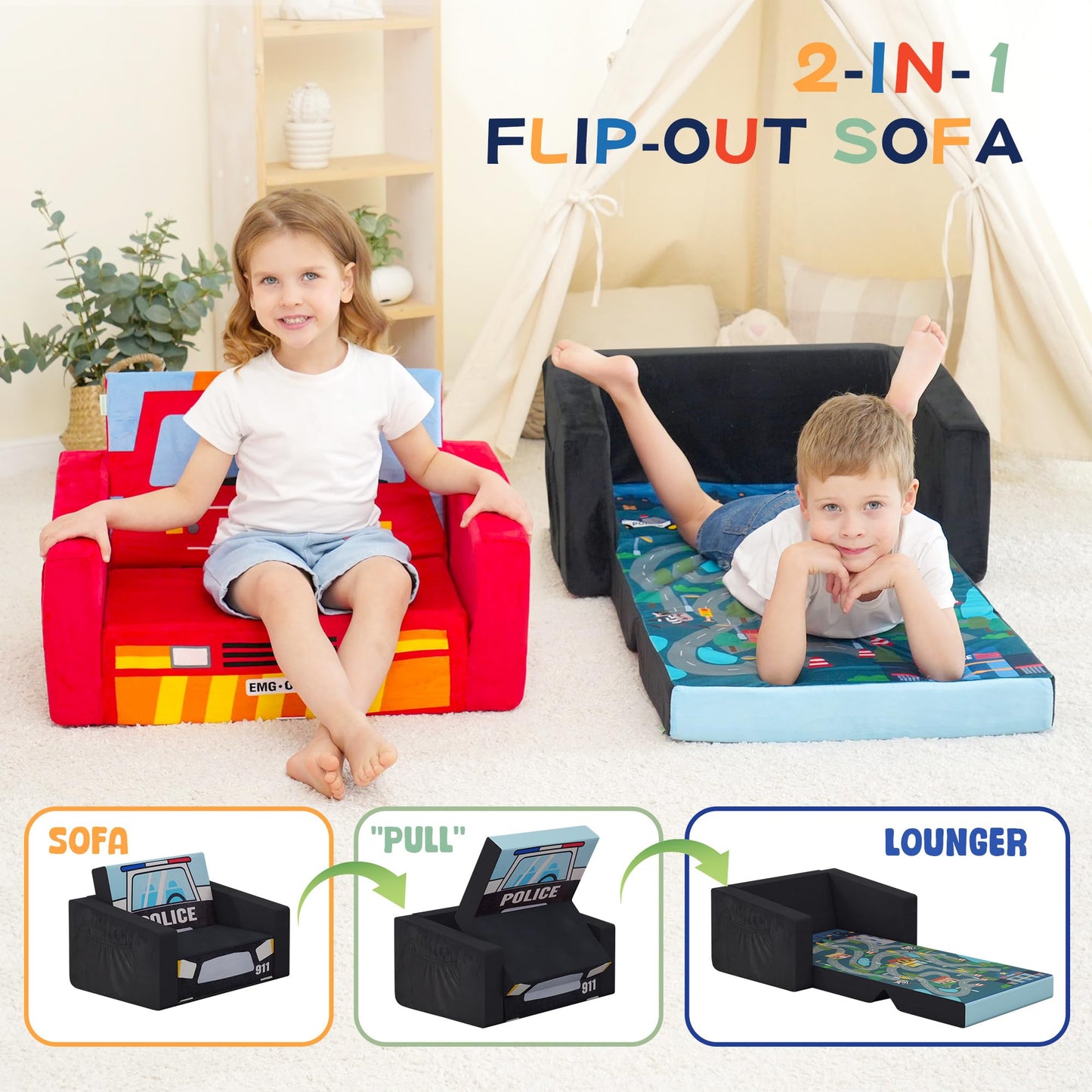 MallBest Kids Sofas Children's Sofa Bed Baby's Upholstered Couch Sleepover Chair Flipout Open Sofa(Black/Police Car)