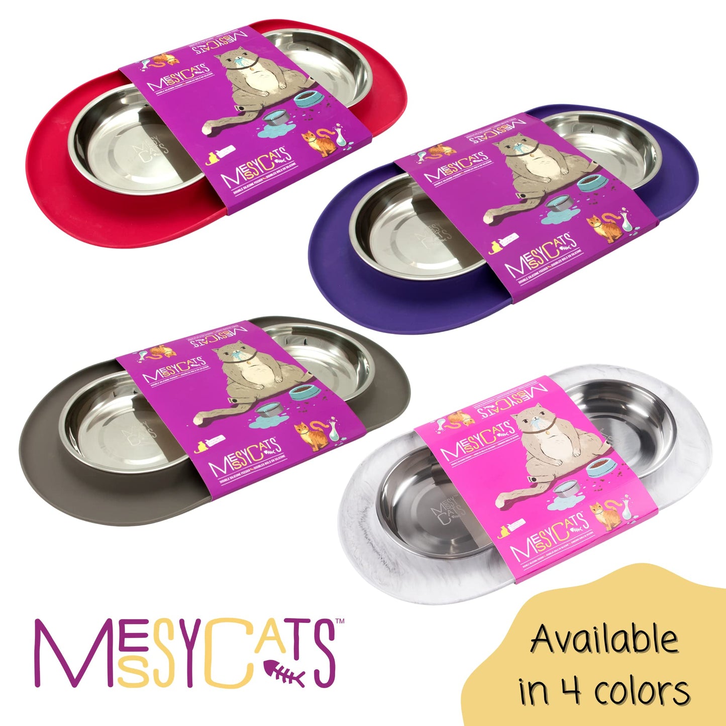 Messy Cats Double Silicone Feeder with Stainless Saucer Shaped Bowl | Anti-Slip Non-Skid Cat Food Bowls | Two Cat Bowls in Feeding/Water Station | 1.75 Cups per Bowl (Grey)