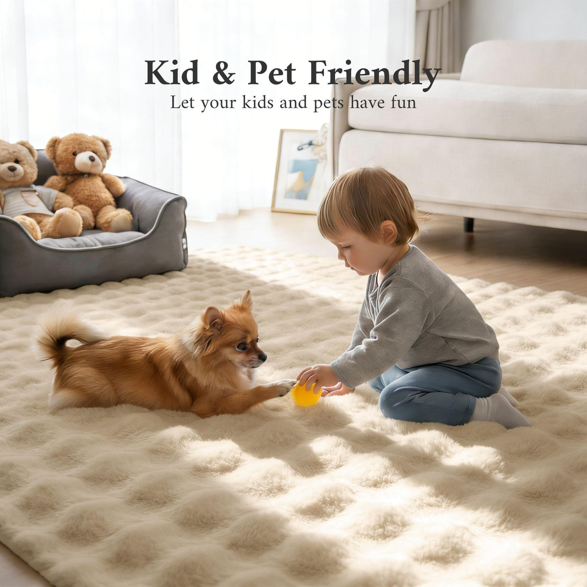 OLANLY Fluffy Faux Fur Area Rugs for Living Room, 4x6 Feet Machine Washable Bubble Area Rug, Soft Shaggy Carpet for Bedroom, Dorms, Nursery Rooms, Home Decor, Beige