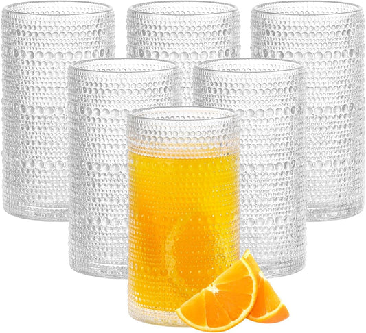 16oz Hobnail Drinking Glasses Set of 6, Vintage Large Capacity Embossed Clear Tumblers, Highball Glasses for Water, Cocktail, Beer, Whiskey, Juice & Bar Use (Clear)